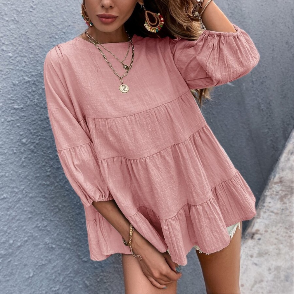 Boho Layered Ruffle 3/4 sleeve Oversized Top Lilac - Picture 8 of 12
